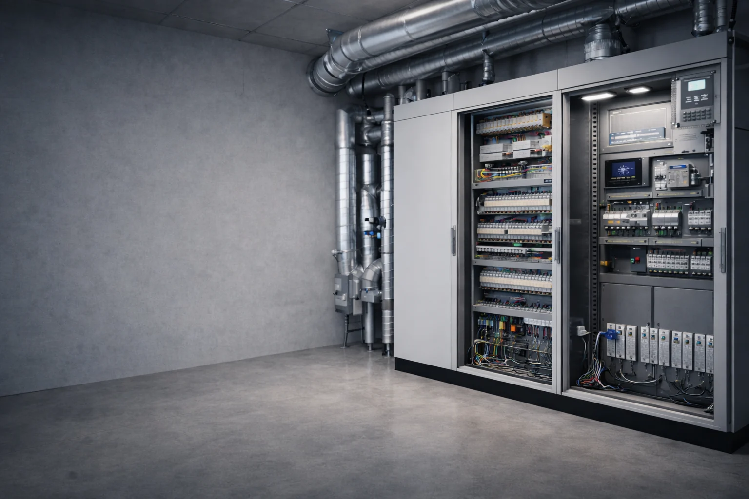 Schaltschrank mit Steuerungs-, Regelungs- und Sicherheitstechnik in einem Technikraum mit sichtbaren Lüftungskanälen.